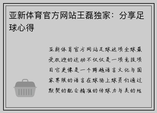 亚新体育官方网站王磊独家:分享足球心得